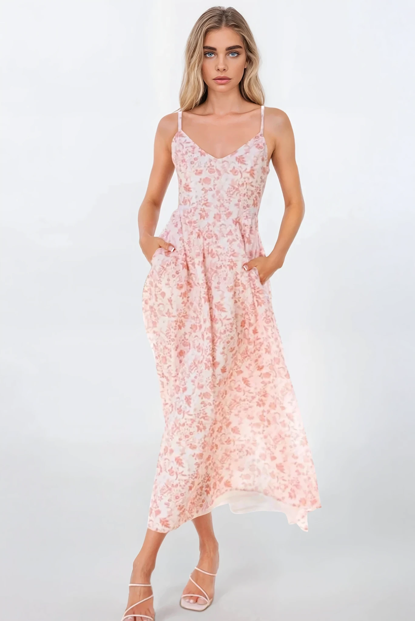 Fleuron Bow Back V-Neck Cami Dress by Trendsi, featuring a lightweight fabric, V-neckline, and bow back design, worn by a model.