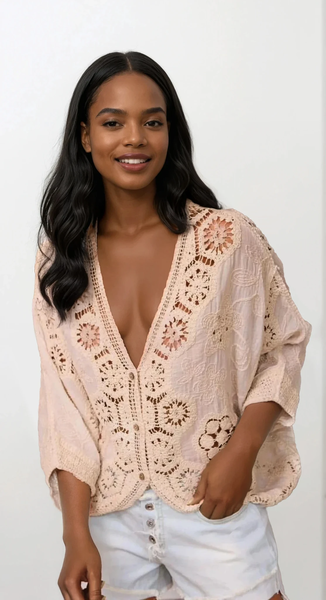 Calista v-neck crochet lace blouse with buttons and cutouts