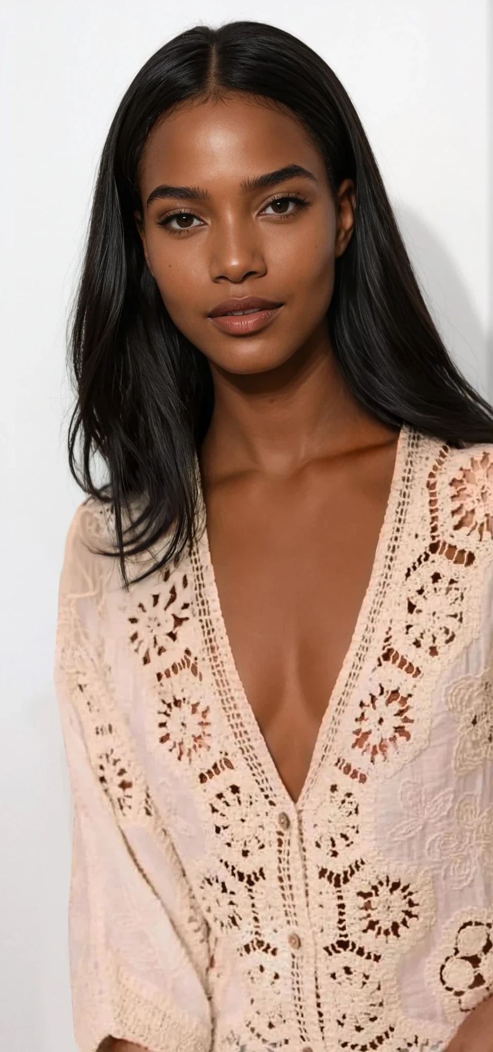 Calista v-neck crochet lace blouse with buttons and cutouts