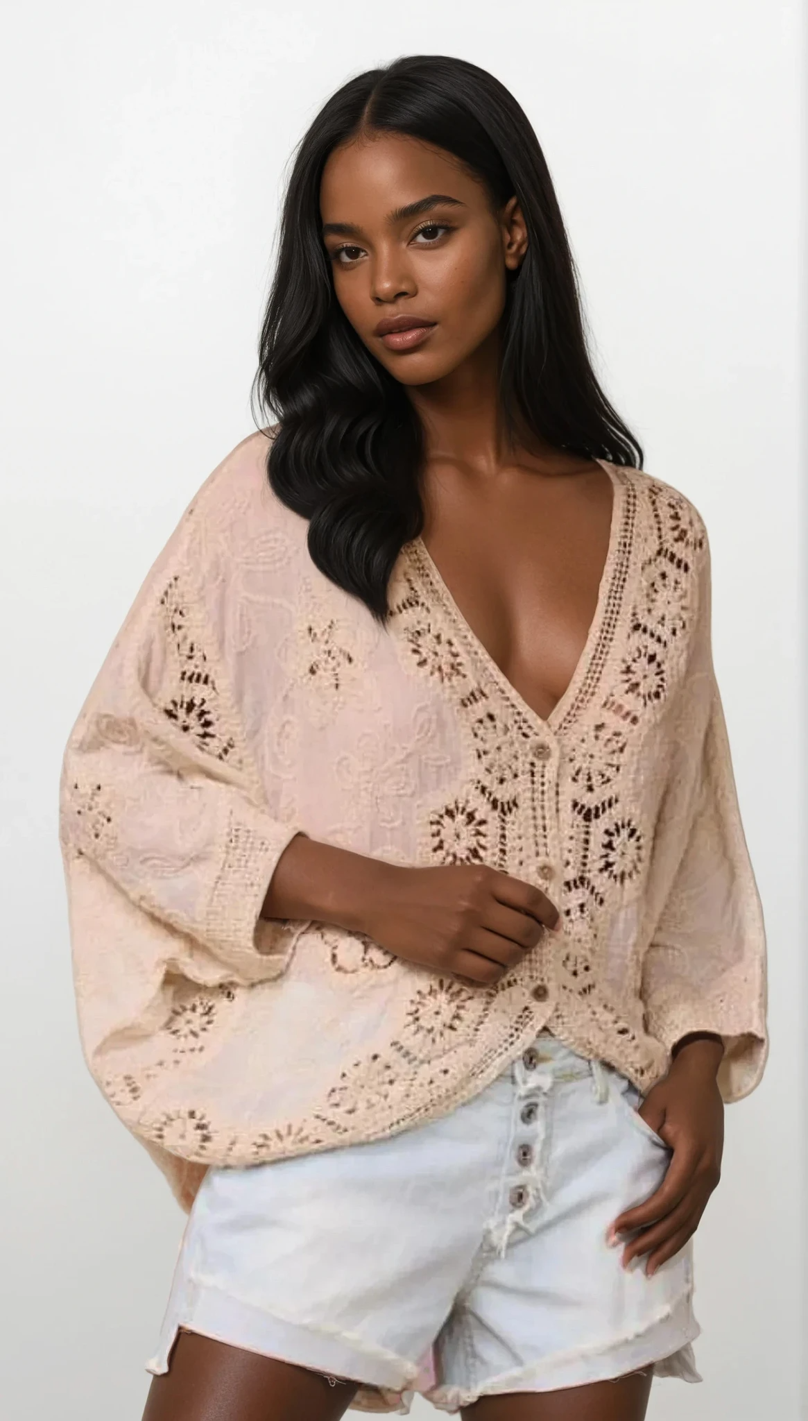 Calista v-neck crochet lace blouse with buttons and cutouts
