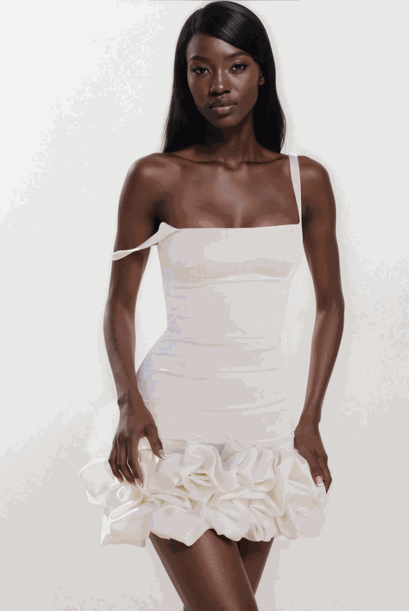 Capri square neck mini dress with ruching and sleeveless design