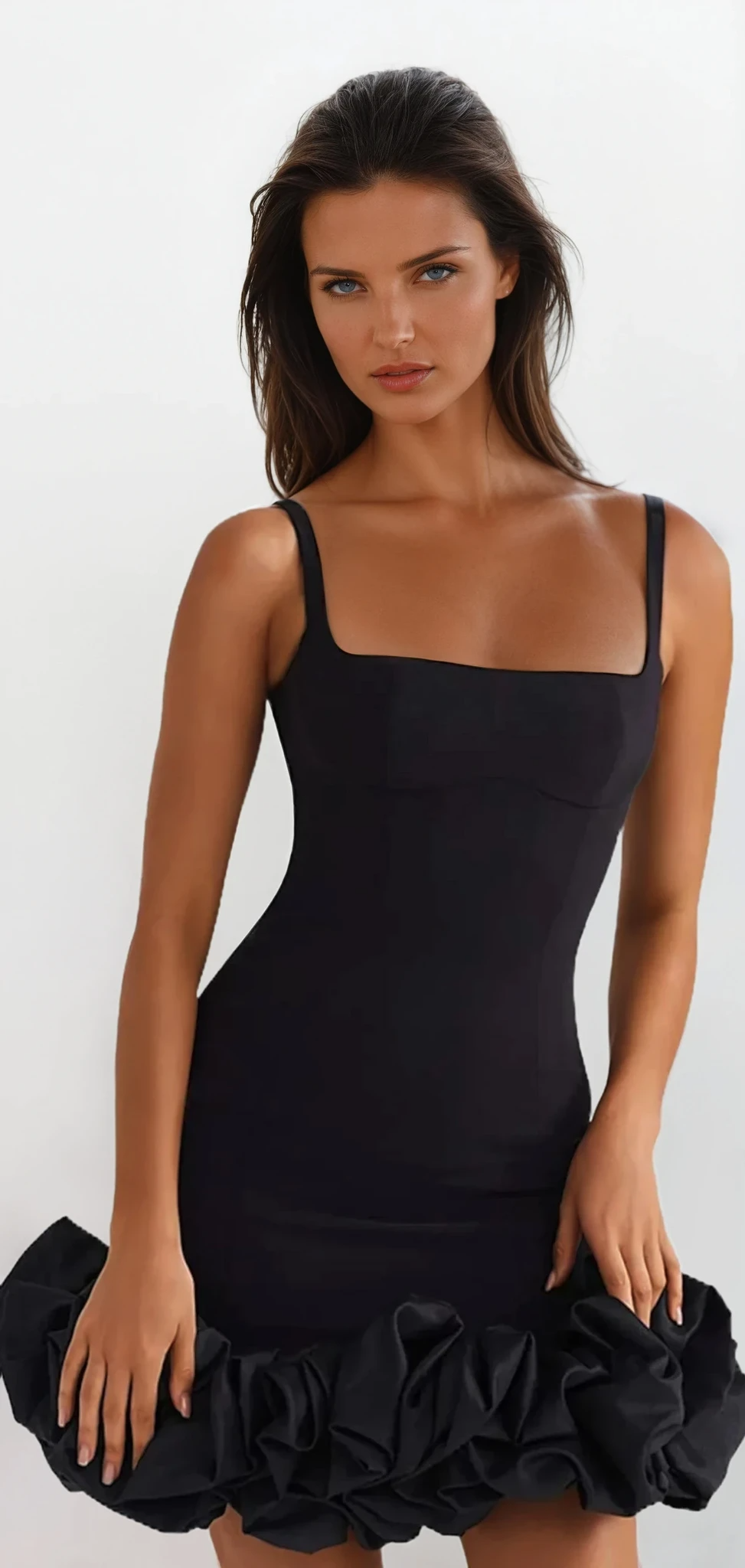 Capri square neck mini dress with ruched detail and sleeveless design
