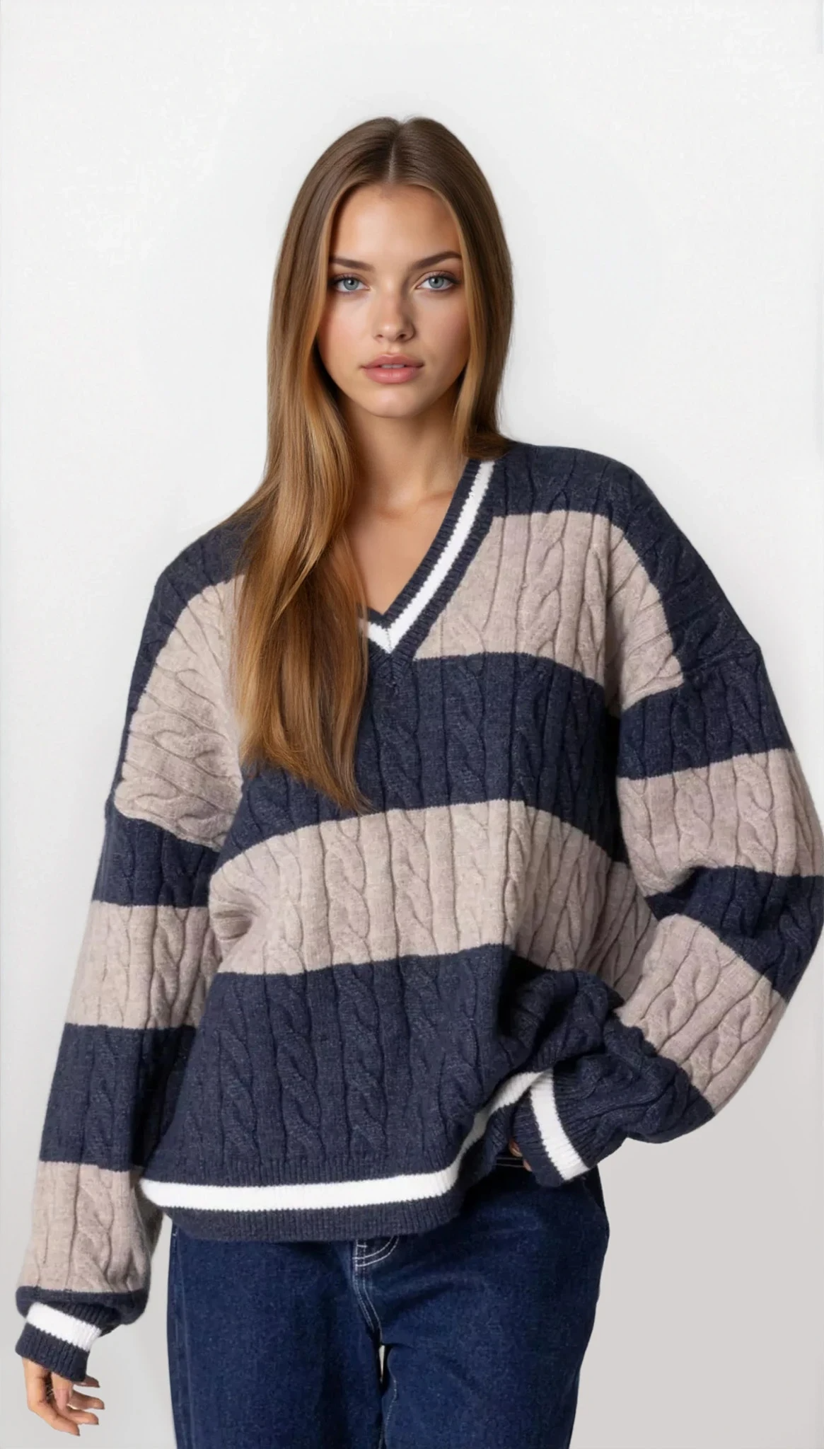 Oversized Striped Cable Knit V-Neck Sweater