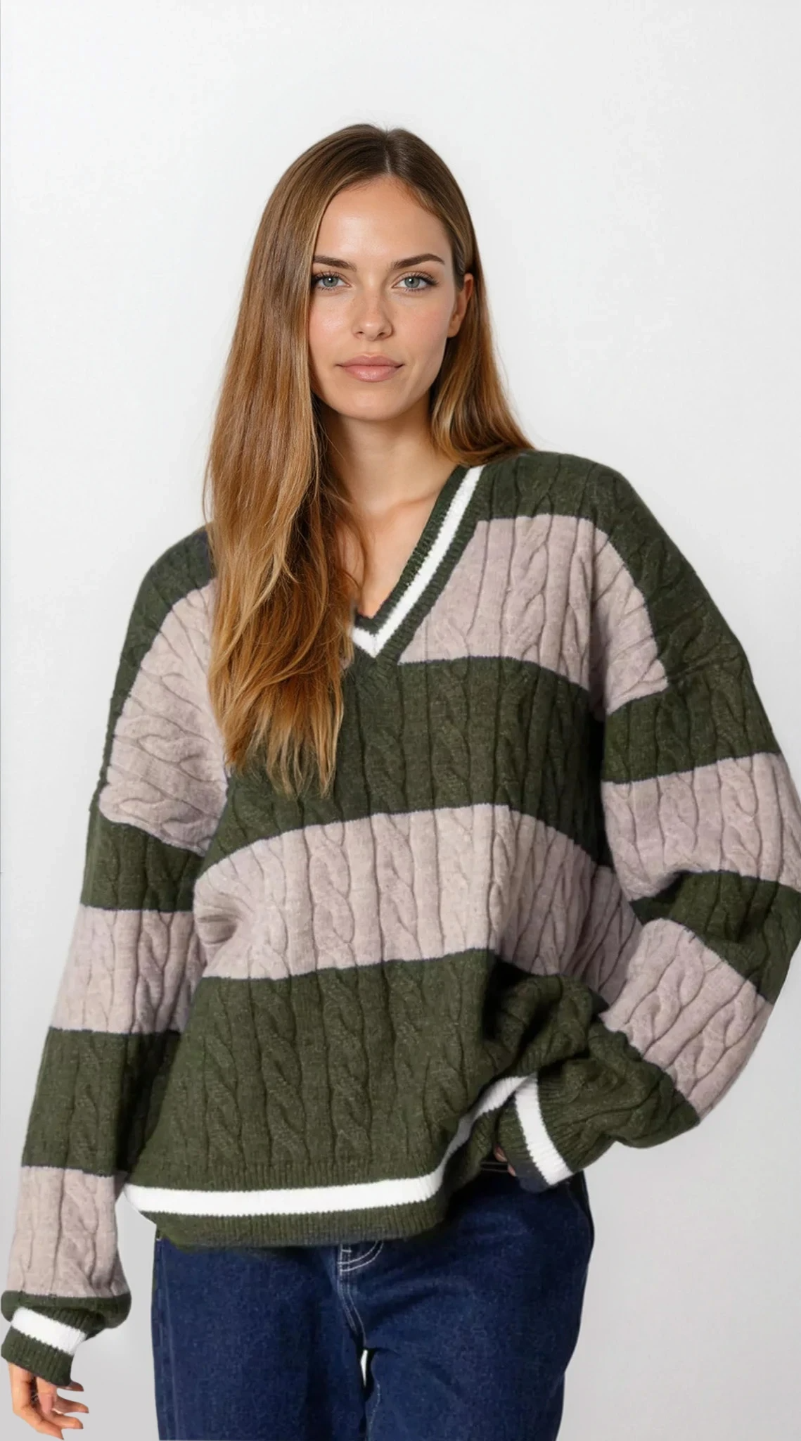 Oversized Striped Cable Knit V-Neck Sweater