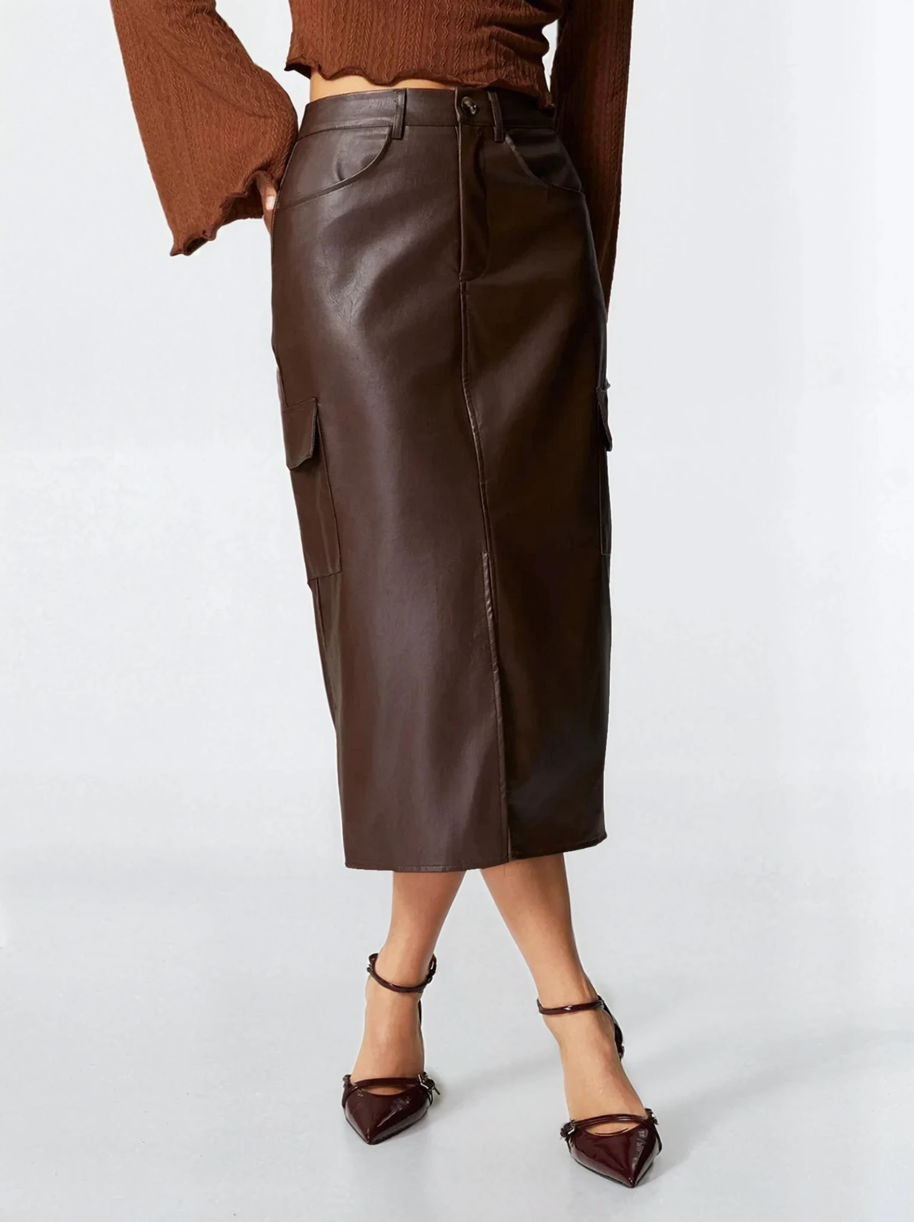 Faux Leather High-Waist Cargo Slit Midi Skirt