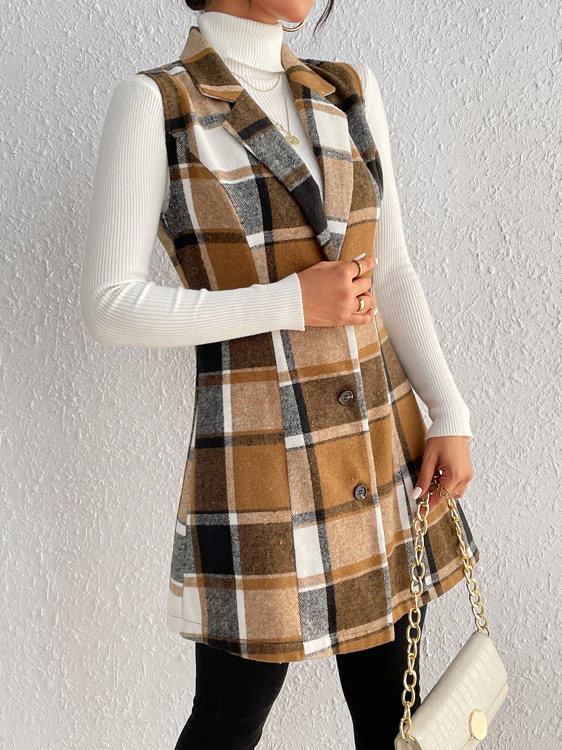 Cinnamon Plaid Lapel Collar Vest