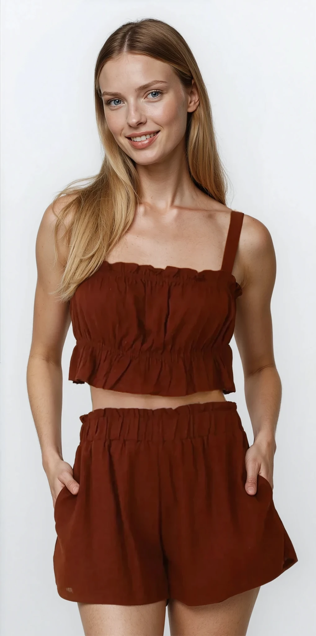 Ines Ruffle Square Neck Cami and Shorts set by Trendsi, featuring light-colored ruffle details, perfect for a stylish, casual look.