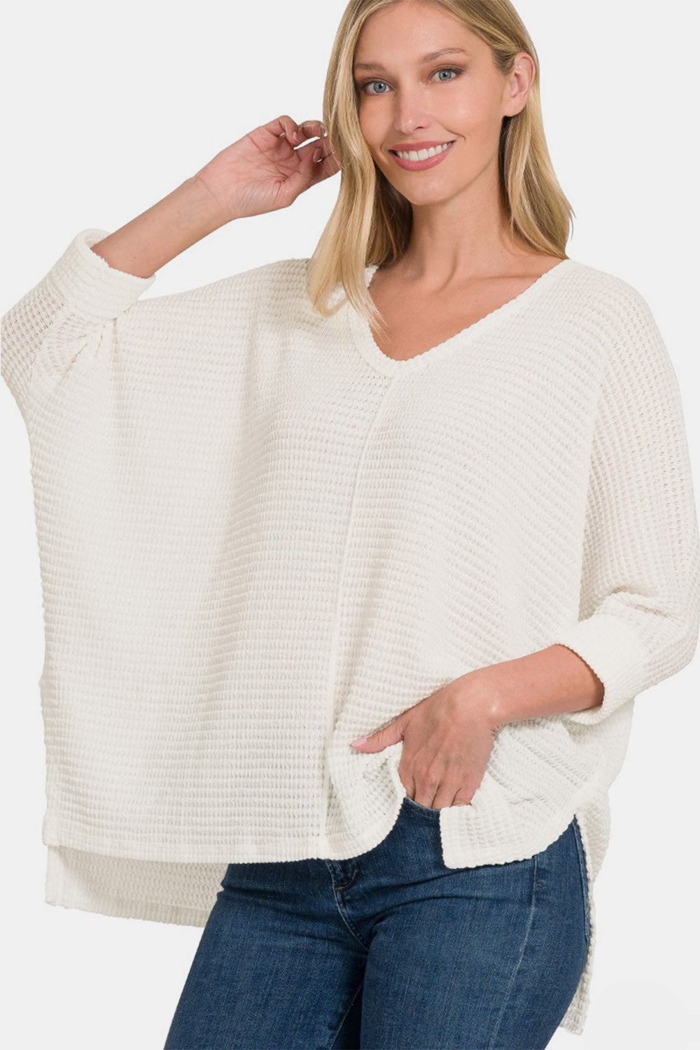 Cozy V-Neck Waffle-Knit Long Sleeve Top