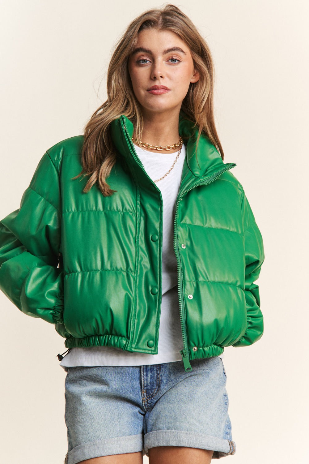 Emerald Faux Leather Turtleneck Cropped Puffer Jacket