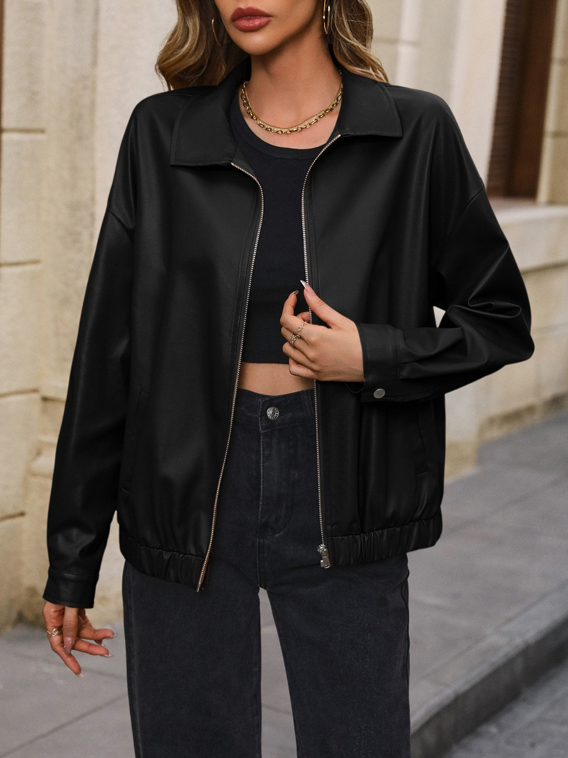 Faux Leather Collared Full Zip Jacket