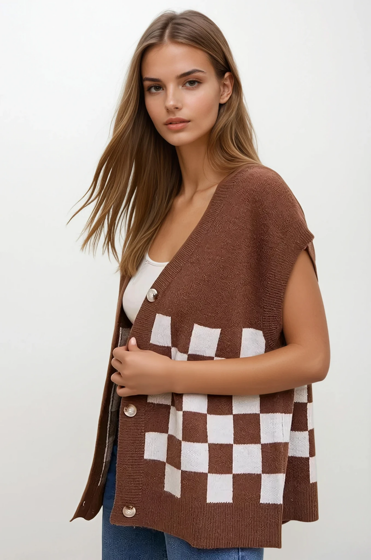 Checkered button-down short sleeve cardigan with ribbed texture