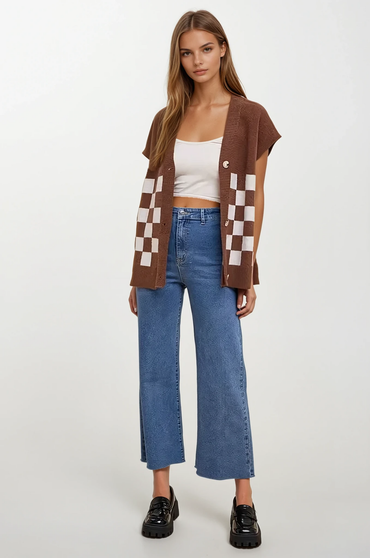 checkered button-down short sleeve cardigan with ribbed texture