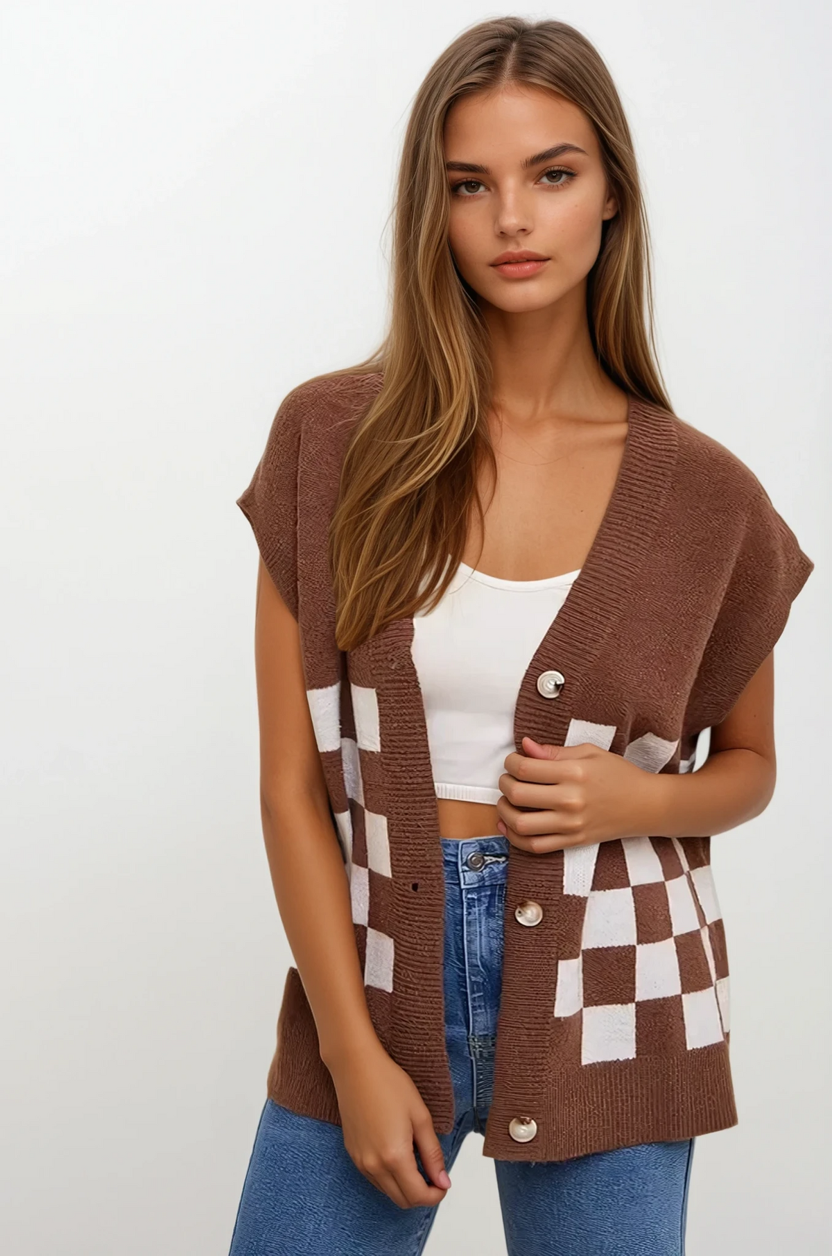 Checkered short sleeve button-down cardigan in ribbed texture