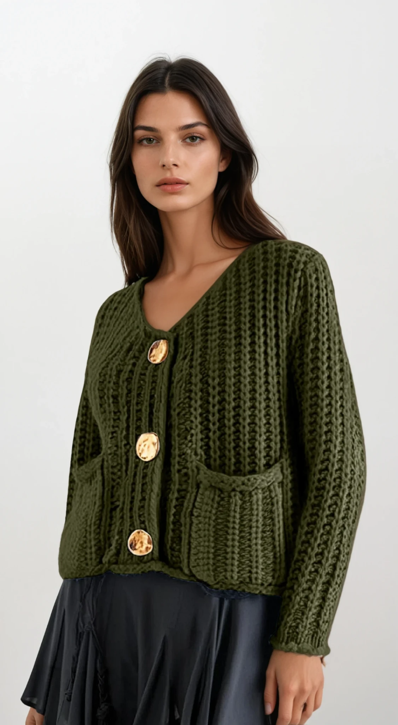 chunky button-down long sleeve cardigan with buttoned front and solid pattern
