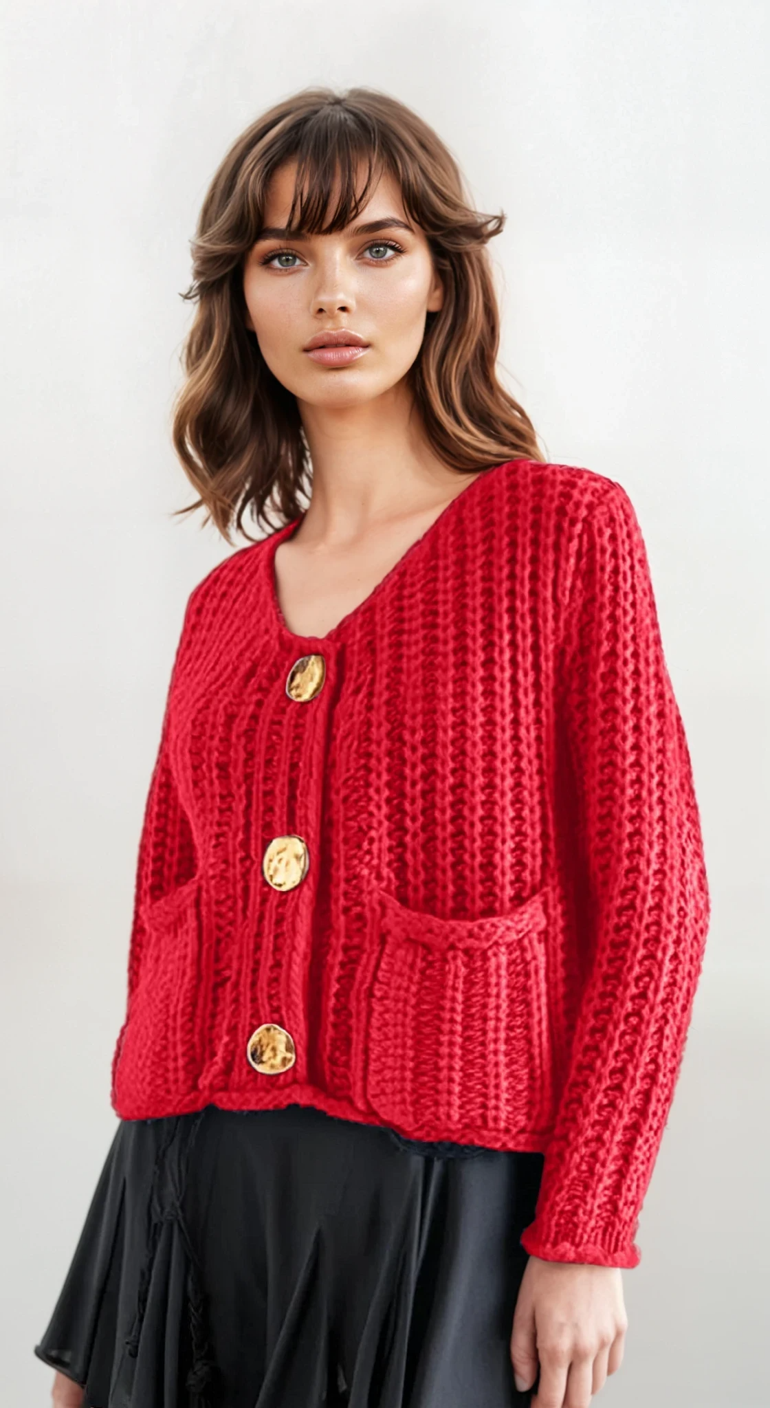 chunky button-down long sleeve cardigan in solid pattern with buttons