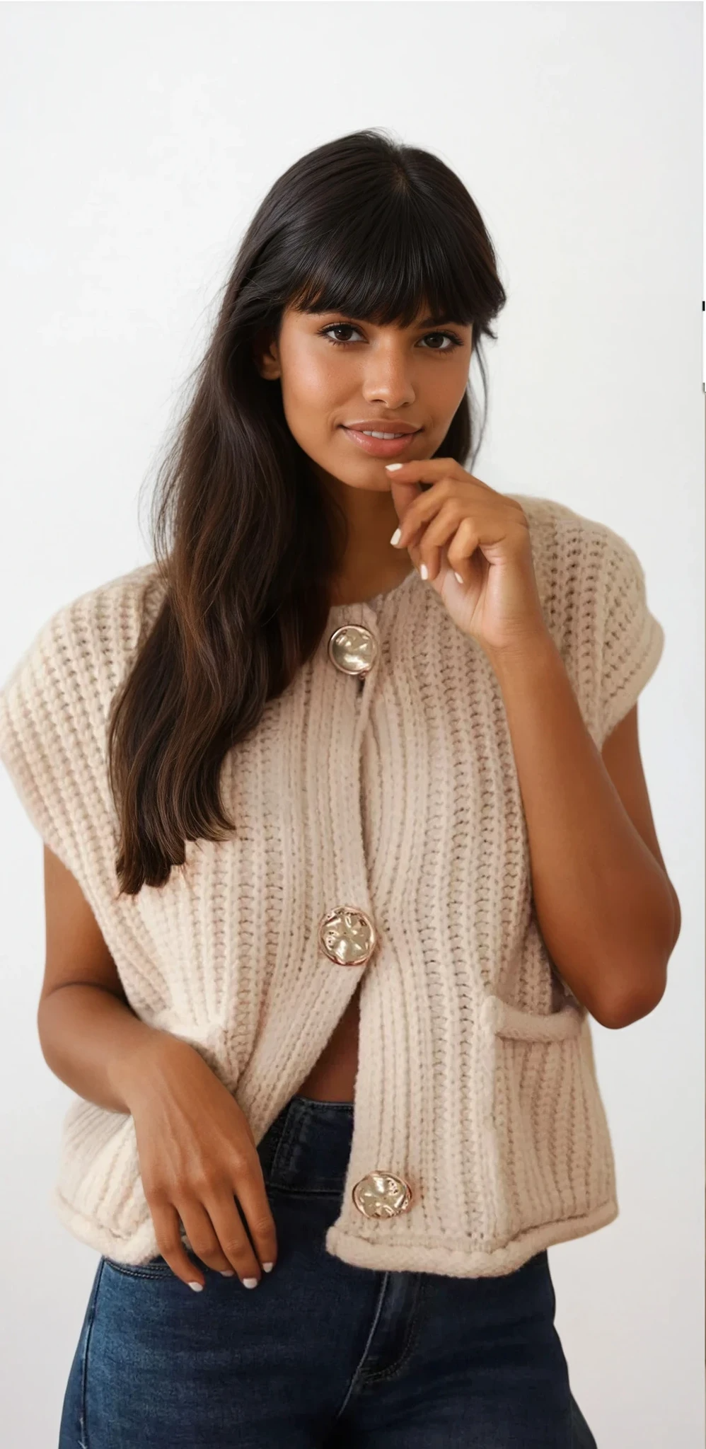 chunky button down vest with buttoned front and solid pattern