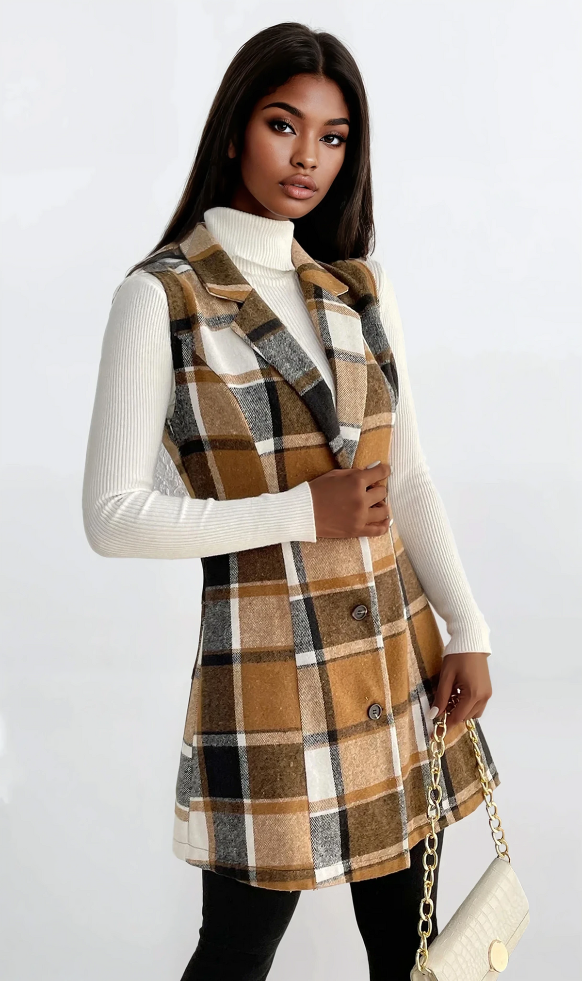 Cinnamon plaid sleeveless vest with lapel collar
