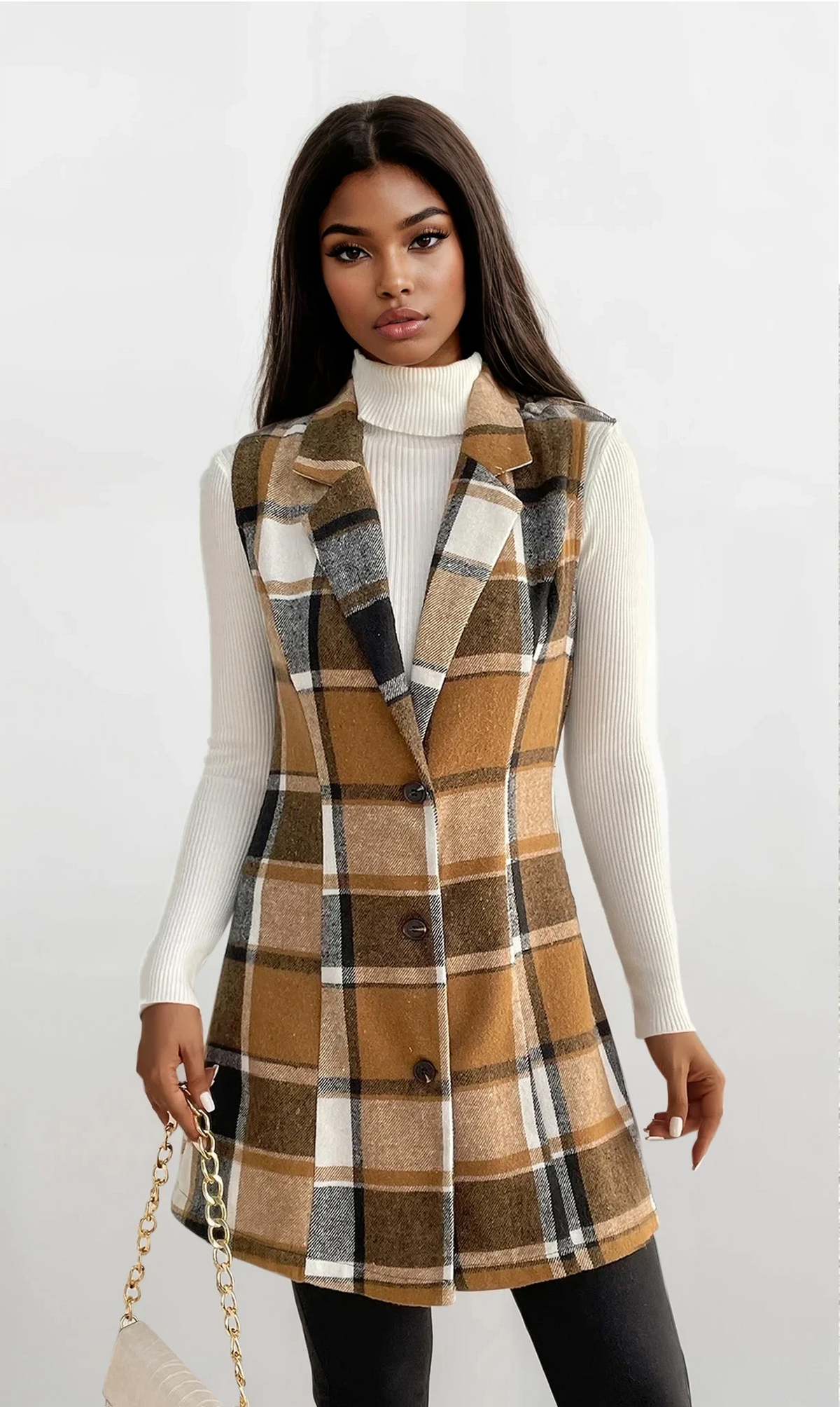 Cinnamon plaid lapel collar vest sleeveless structured fit