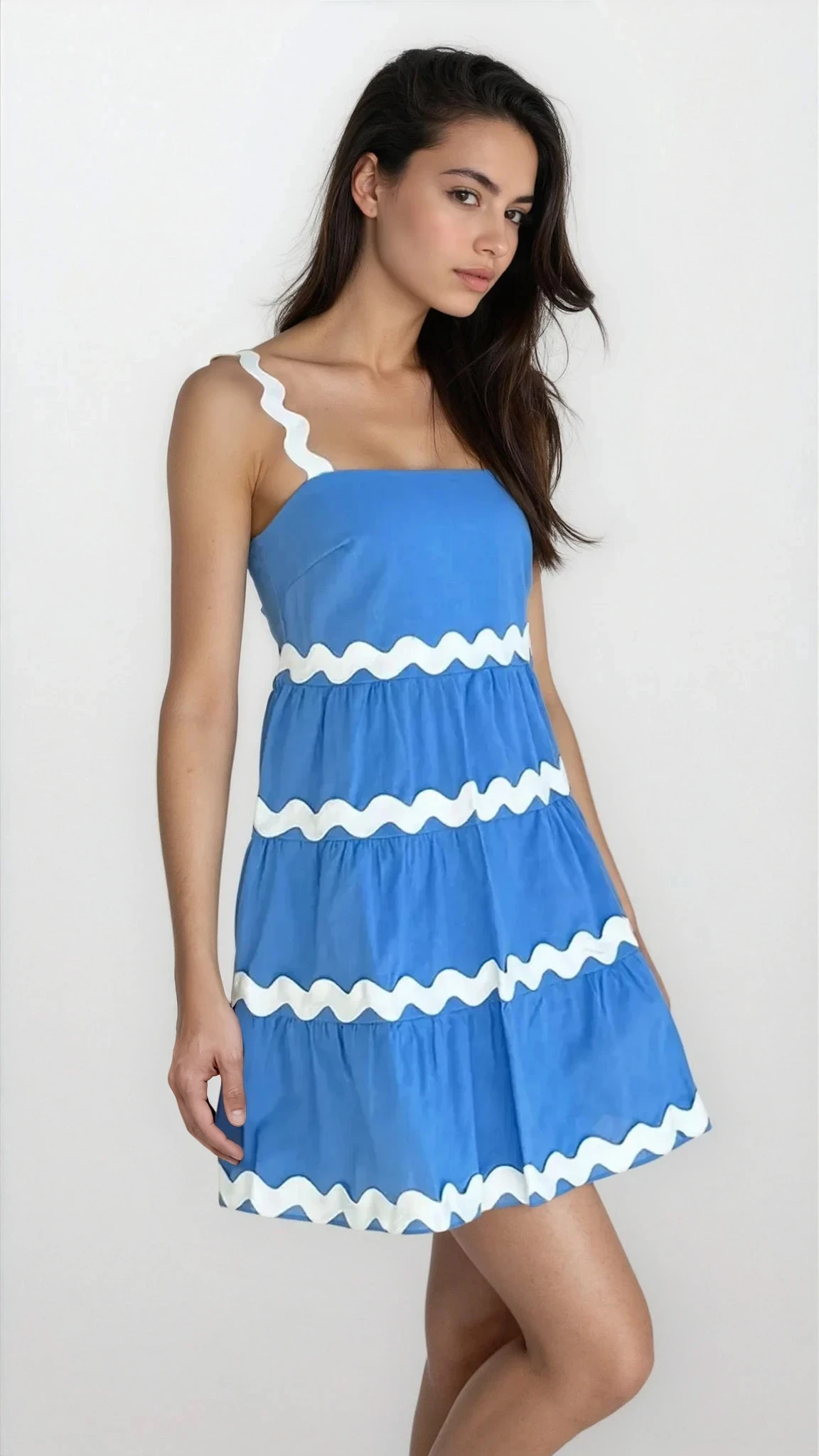 Clara square neck tiered mini dress in lightweight polyester sleeveless mini