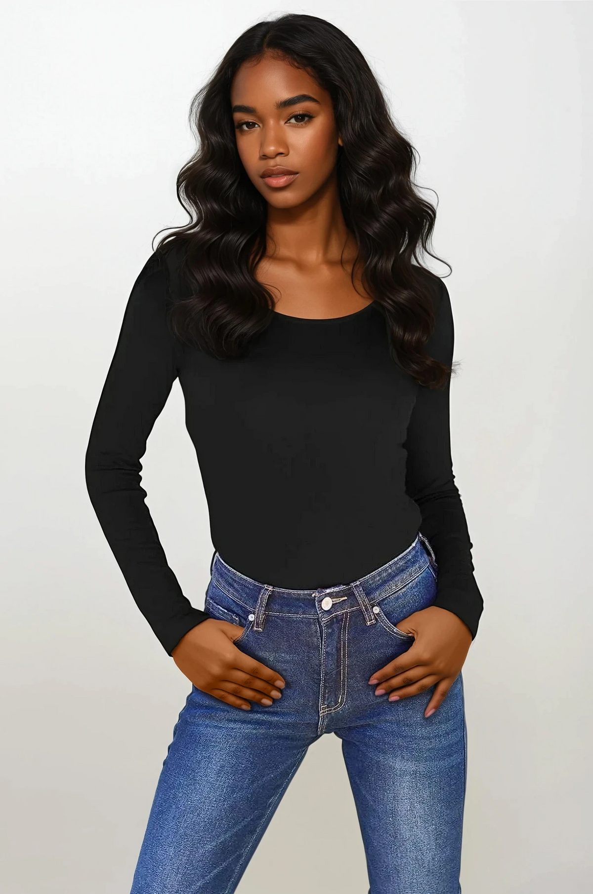 Classic round neck long sleeve solid bodysuit in lightweight fabric