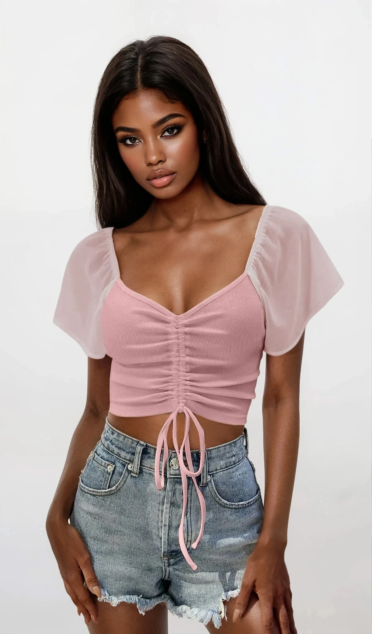 Coastal short sleeve crop top with ruched detail and drawstring