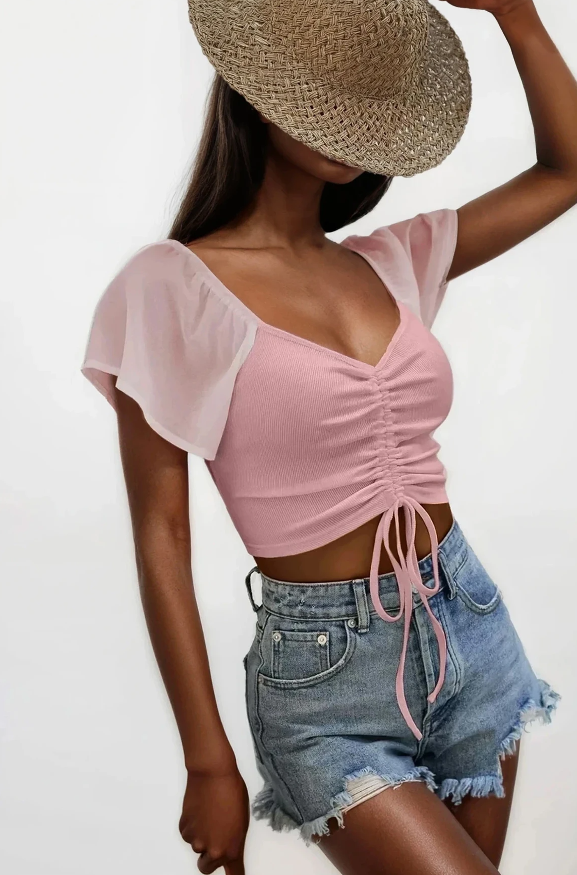Coastal short sleeve crop top with ruched and drawstring details