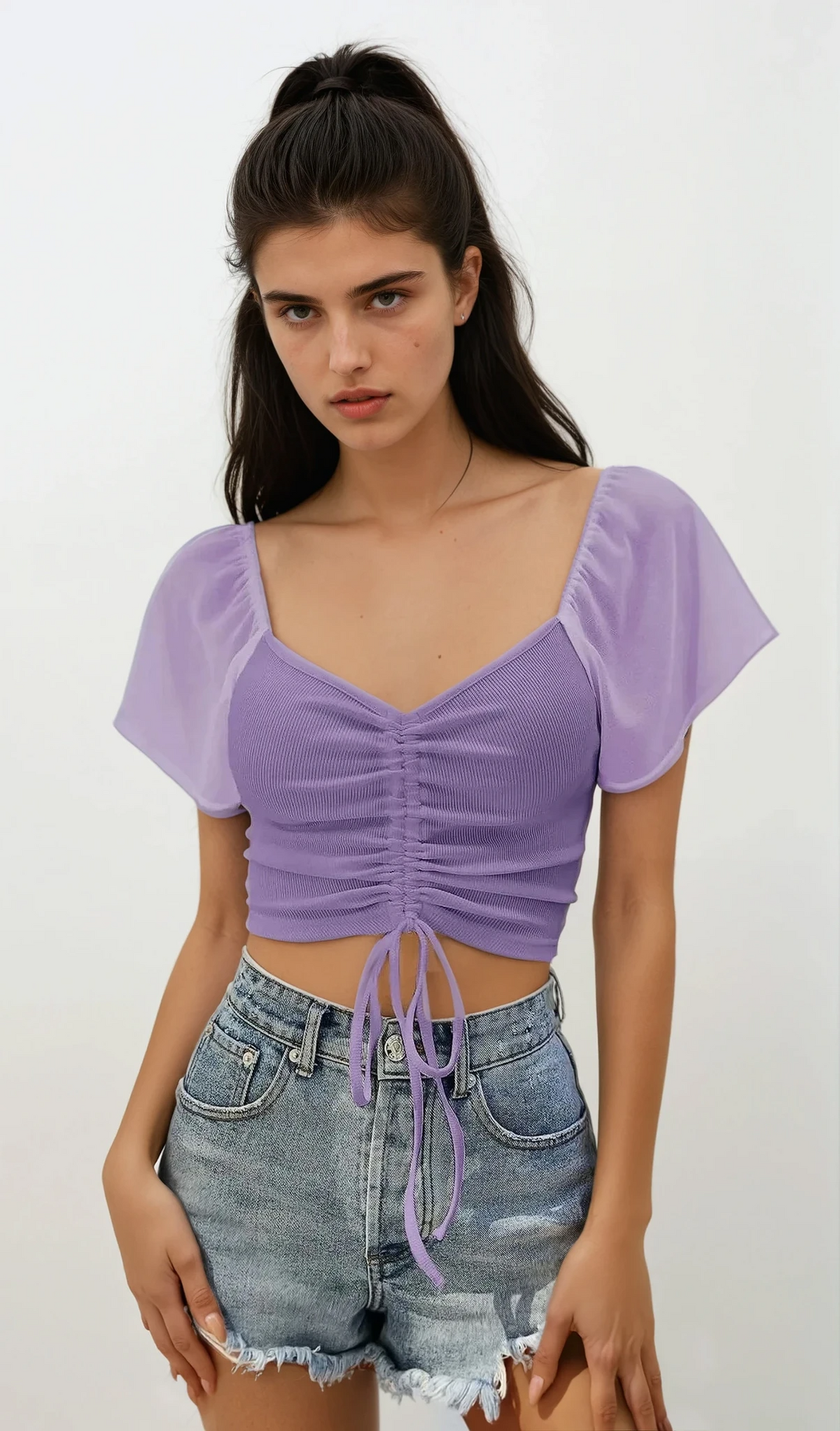 Coastal short sleeve crop top with ruched and drawstring details