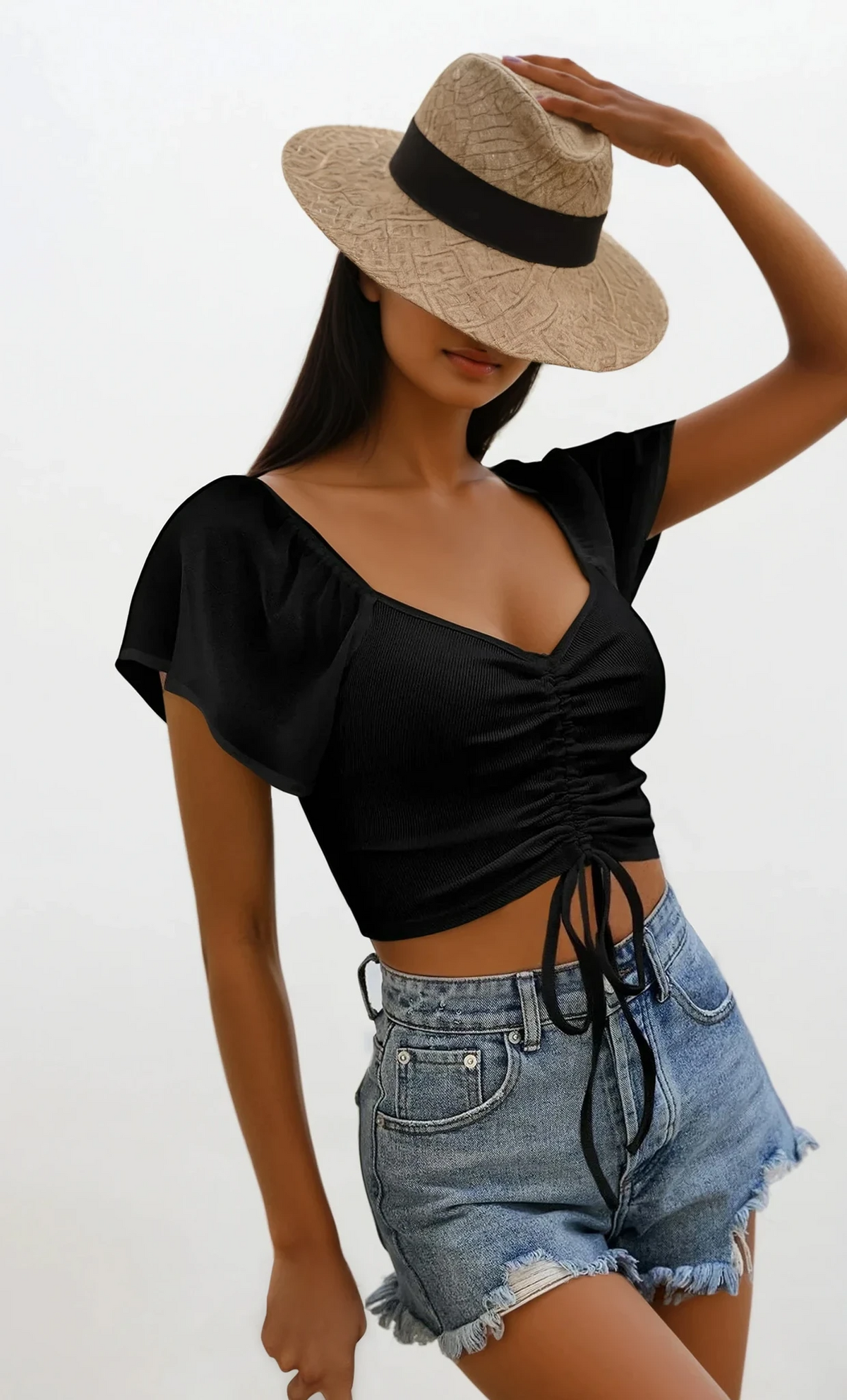 Coastal short sleeve crop top with ruched and drawstring details