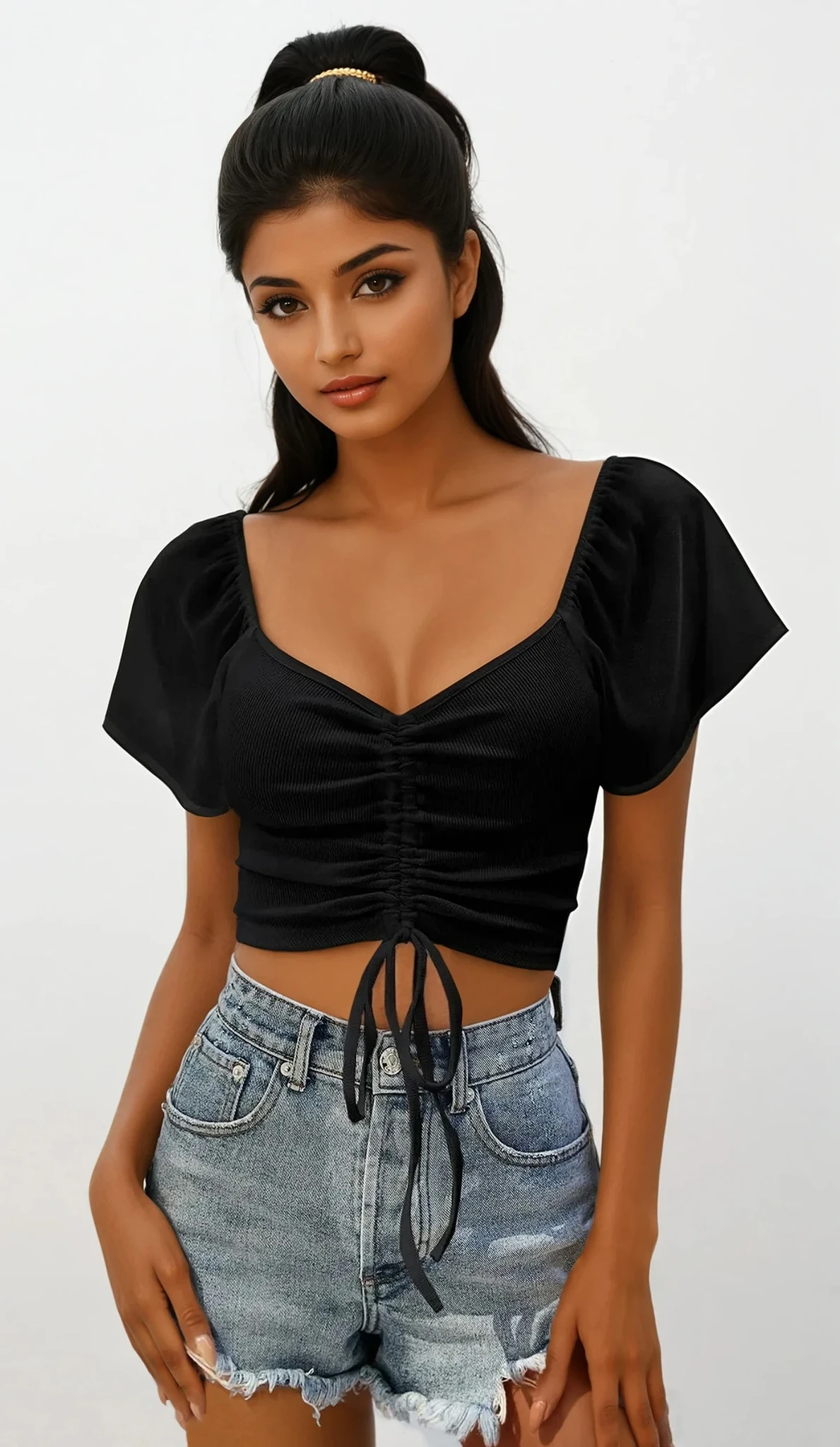 Coastal short sleeve crop top with ruched and drawstring mesh design