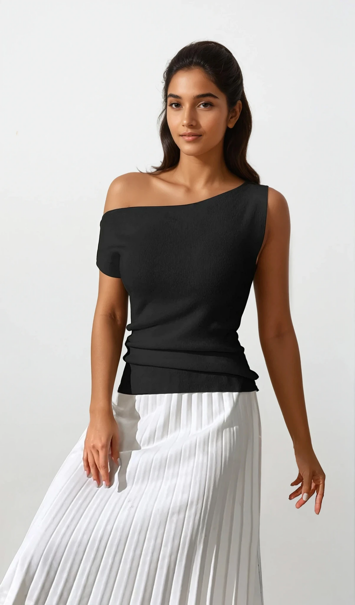 Stylish cold shoulder knit top with single-shoulder design