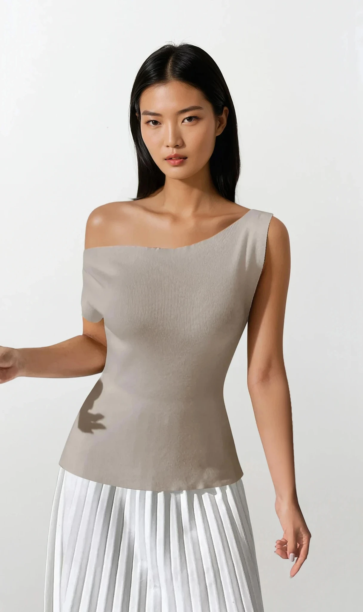 Cold shoulder knit top with single shoulder design in solid color