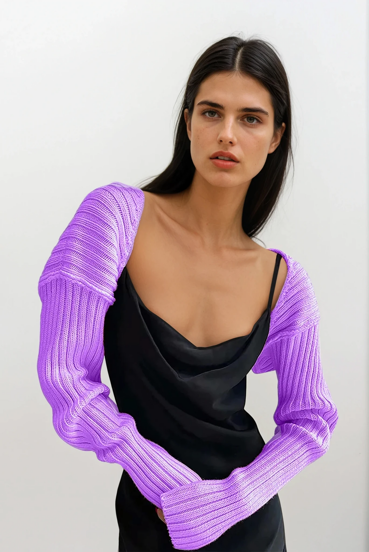 Cropped rib-knit long sleeve bolero cardigan in solid pattern