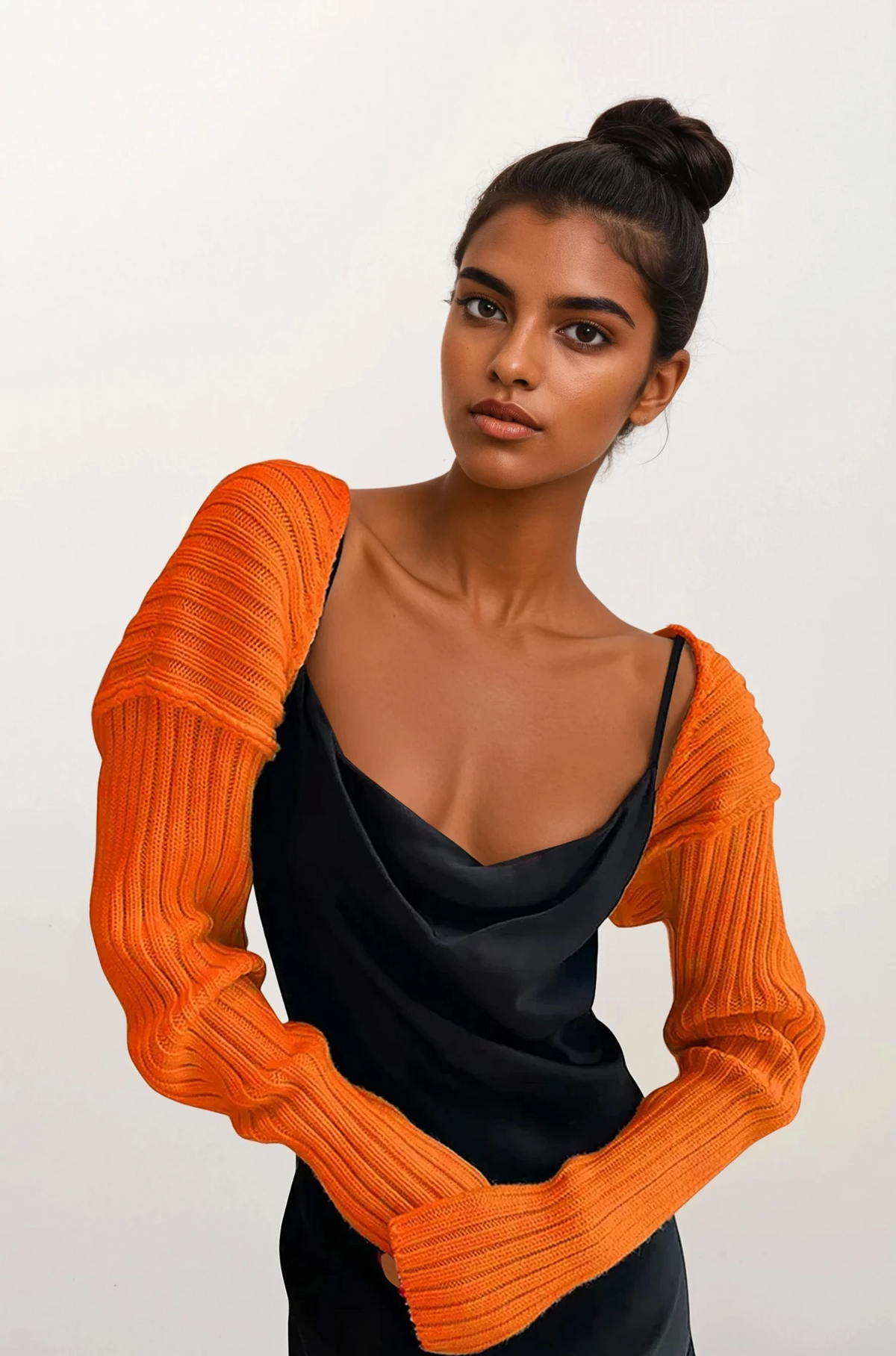 Cropped rib-knit long sleeve bolero cardigan in solid pattern