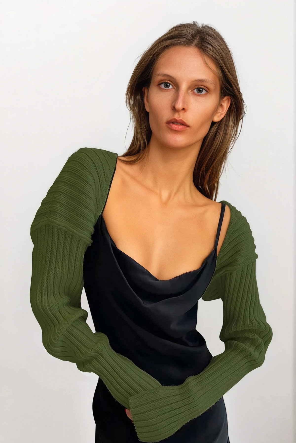 Cropped rib-knit long sleeve bolero cardigan in solid pattern