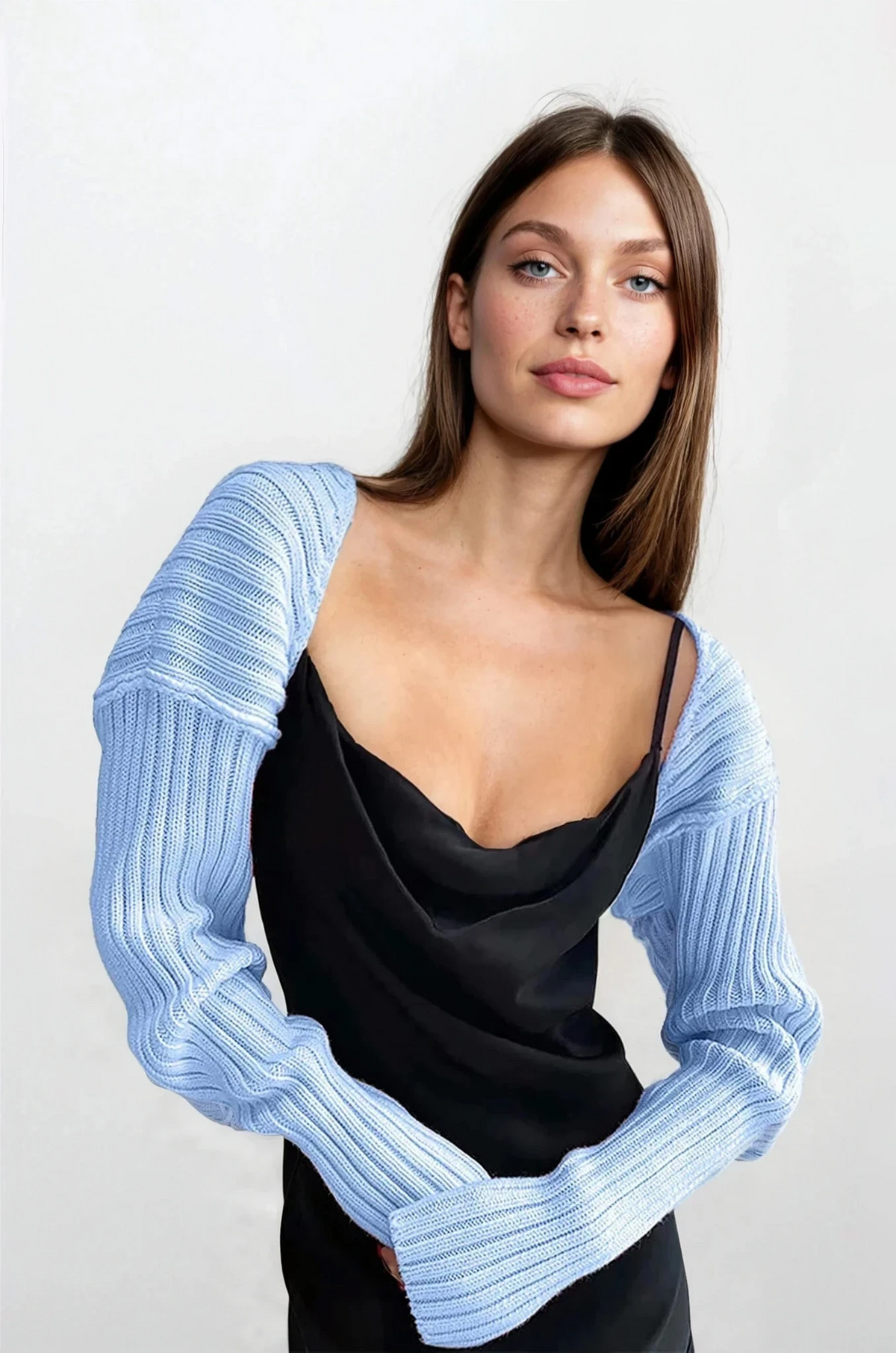 Cropped rib-knit long sleeve bolero cardigan in solid pattern