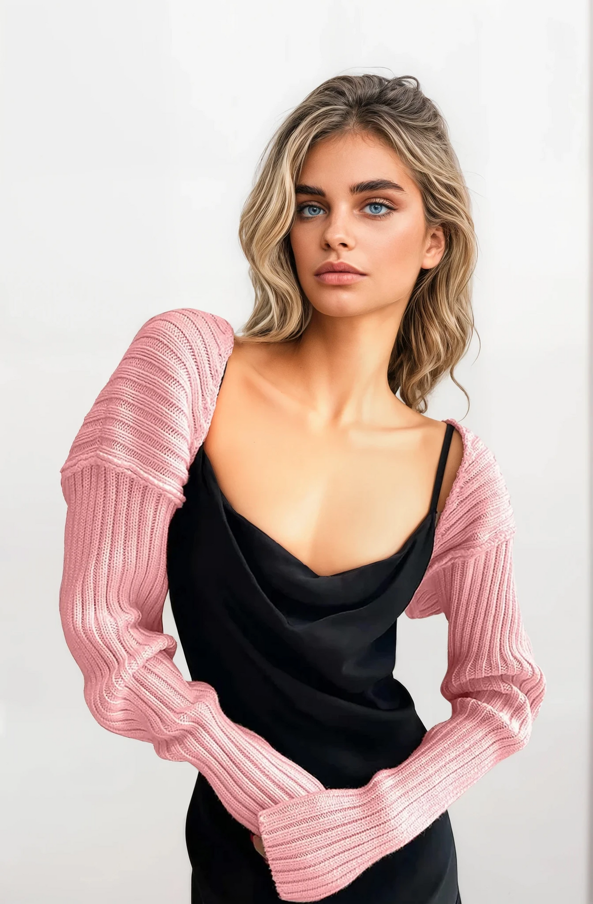 Cropped rib-knit long sleeve bolero cardigan in solid pattern