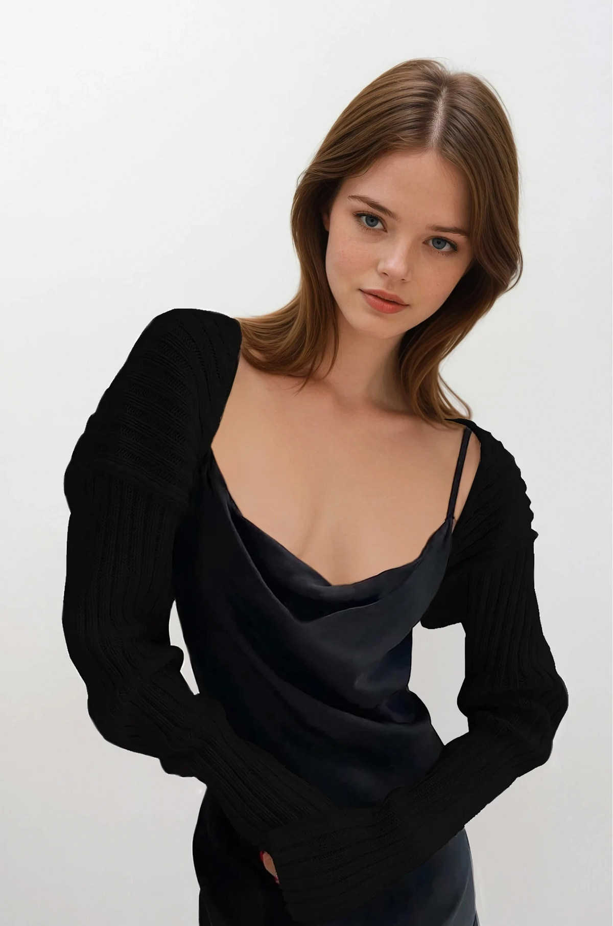 Cropped rib-knit long sleeve bolero cardigan in solid pattern