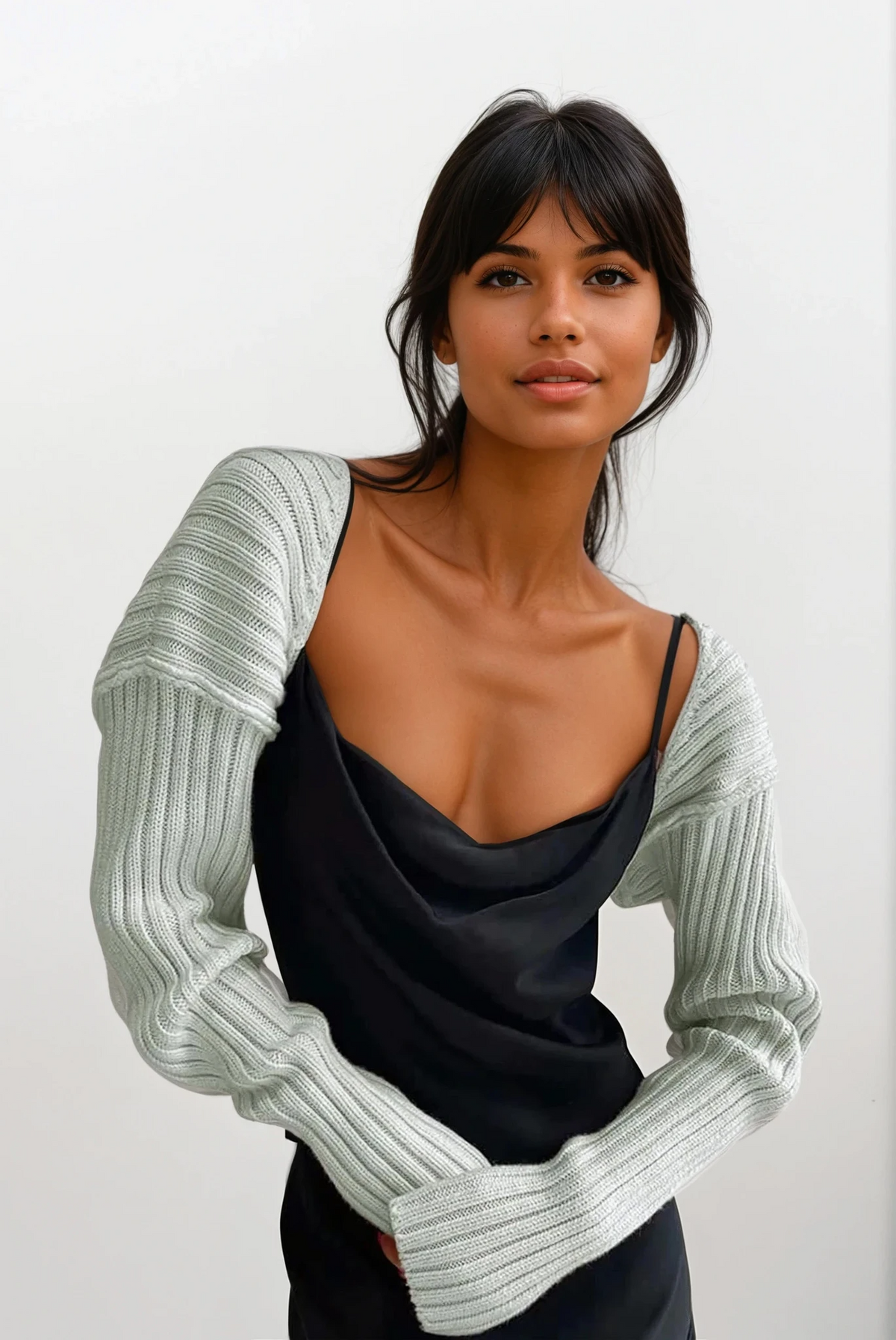 cropped rib-knit long sleeve bolero cardigan in solid color