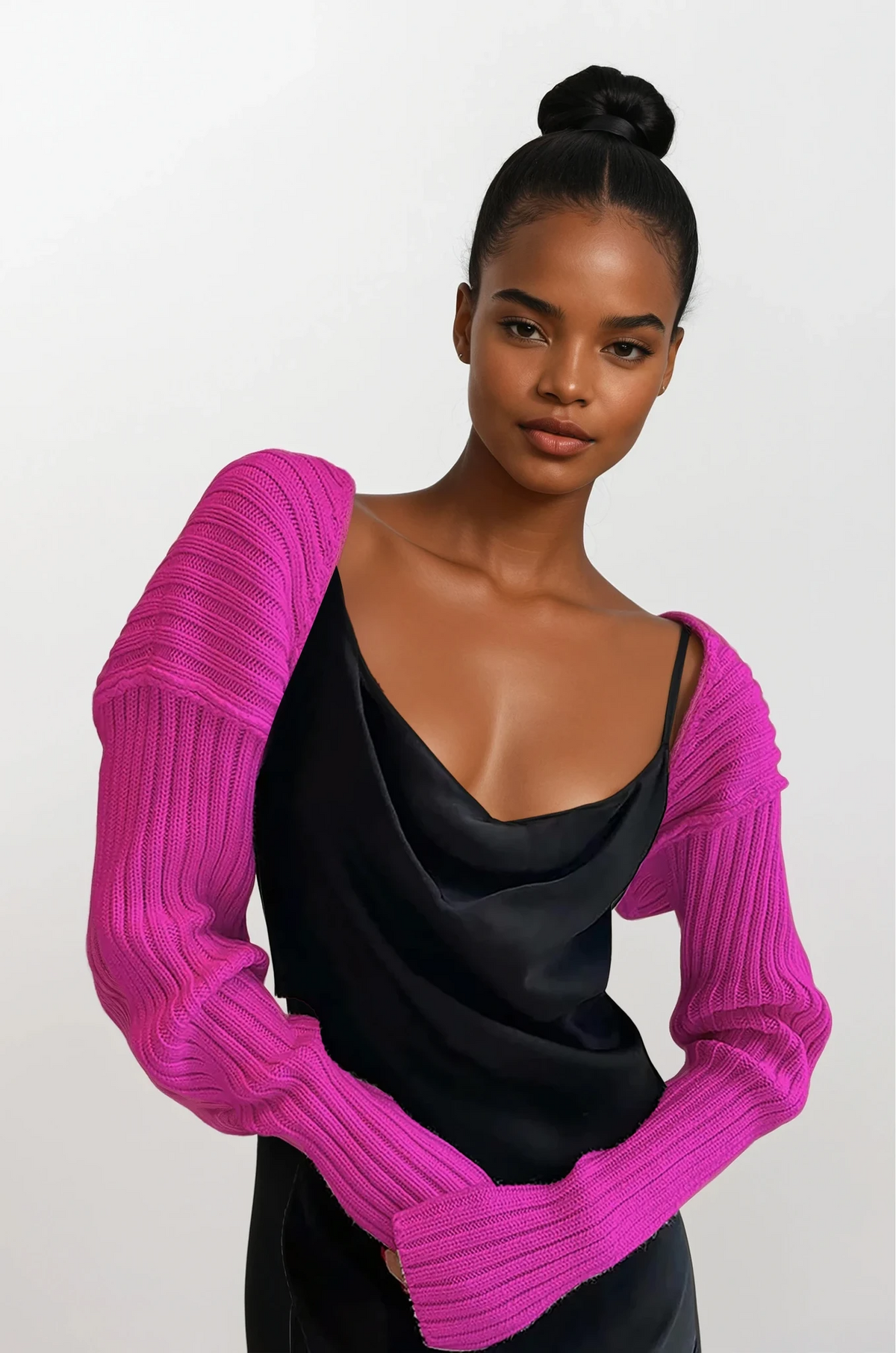 Cropped rib-knit long sleeve bolero cardigan in solid pattern