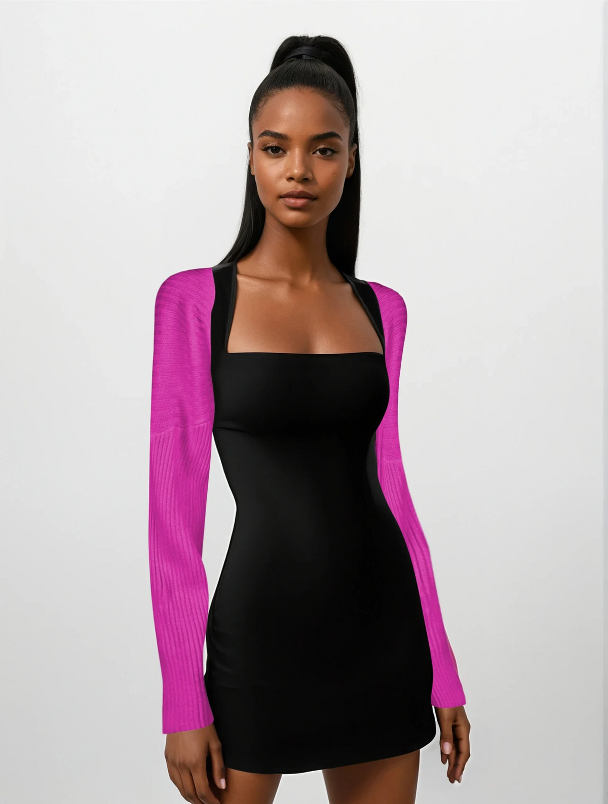 Cropped rib-knit long sleeve bolero cardigan in solid pattern
