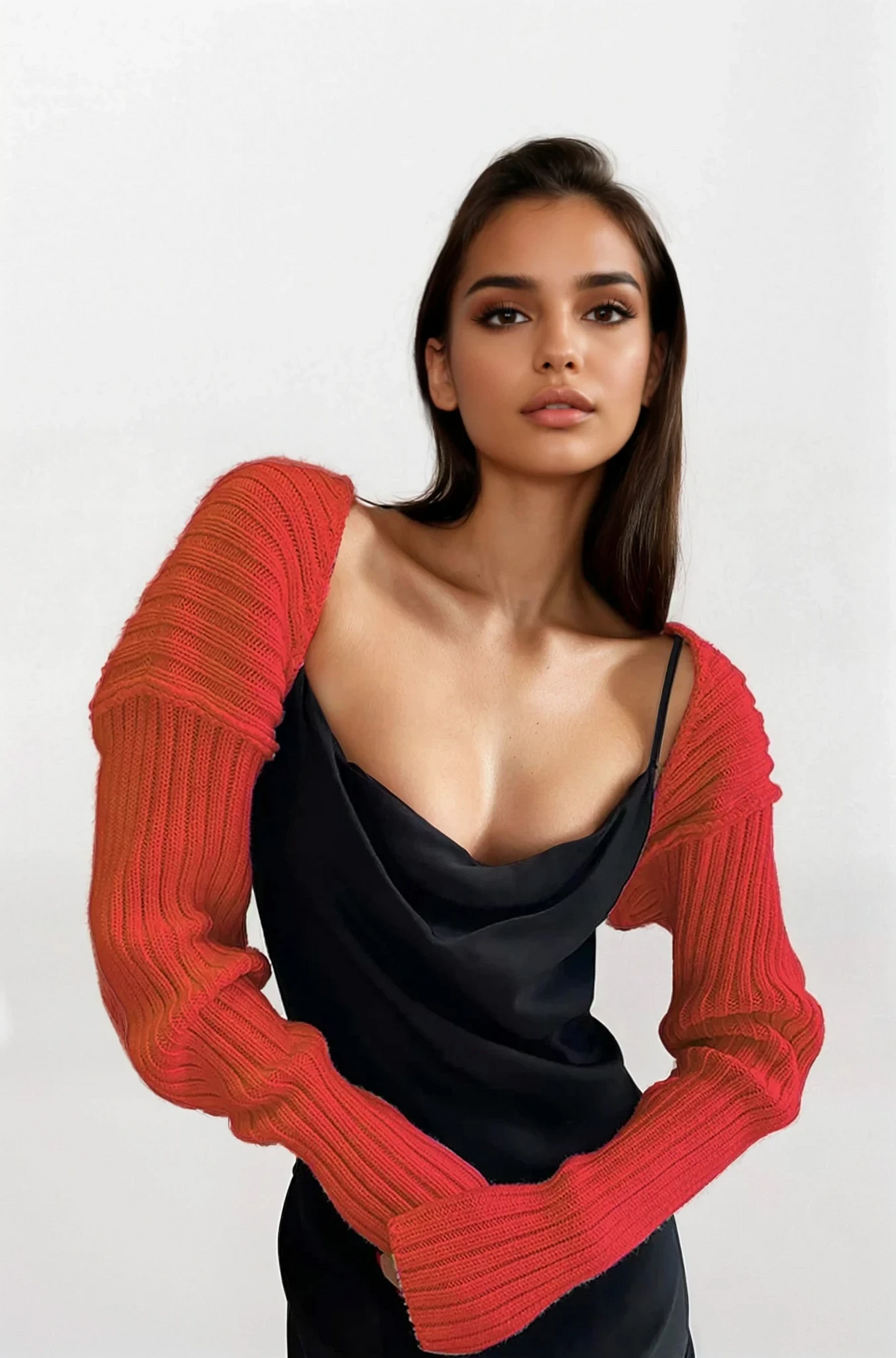 Cropped rib-knit long sleeve bolero cardigan in solid pattern