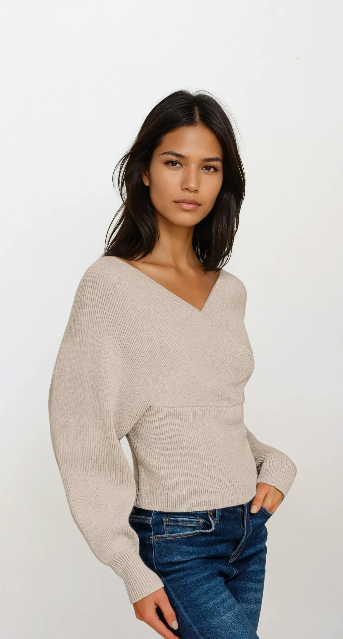 cross wrap rib-knit long sleeve sweater in solid pattern