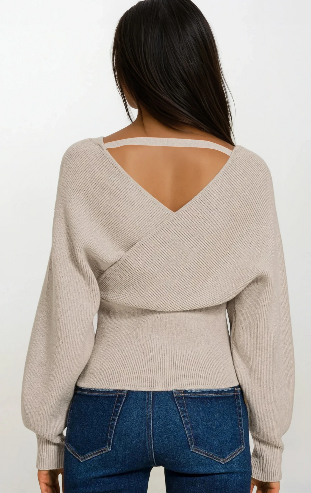 cross wrap rib-knit long sleeve sweater in solid color