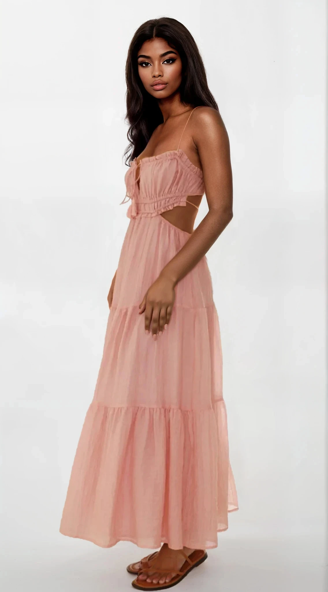 Cutout square neck ruched cami midi dress with back cutout and sleeveless design