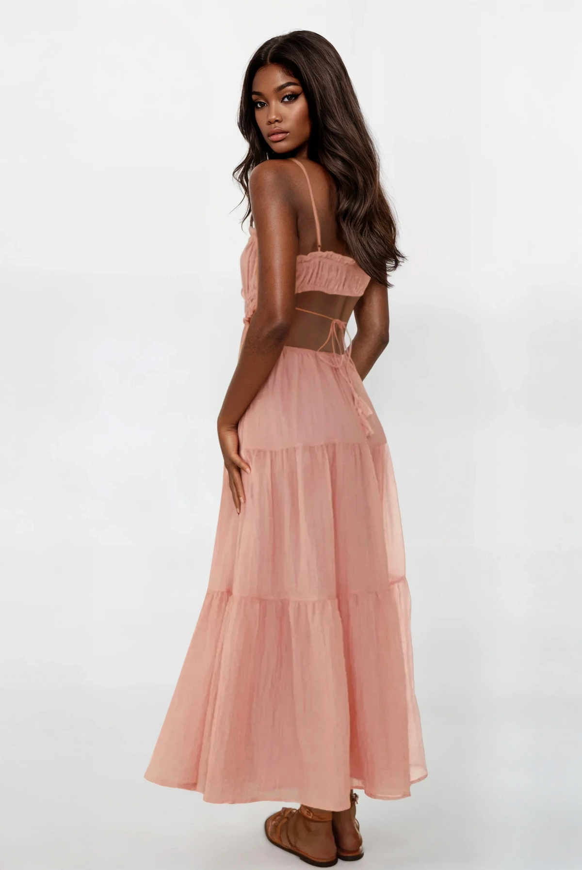 Cutout square neck ruched cami midi dress in solid color