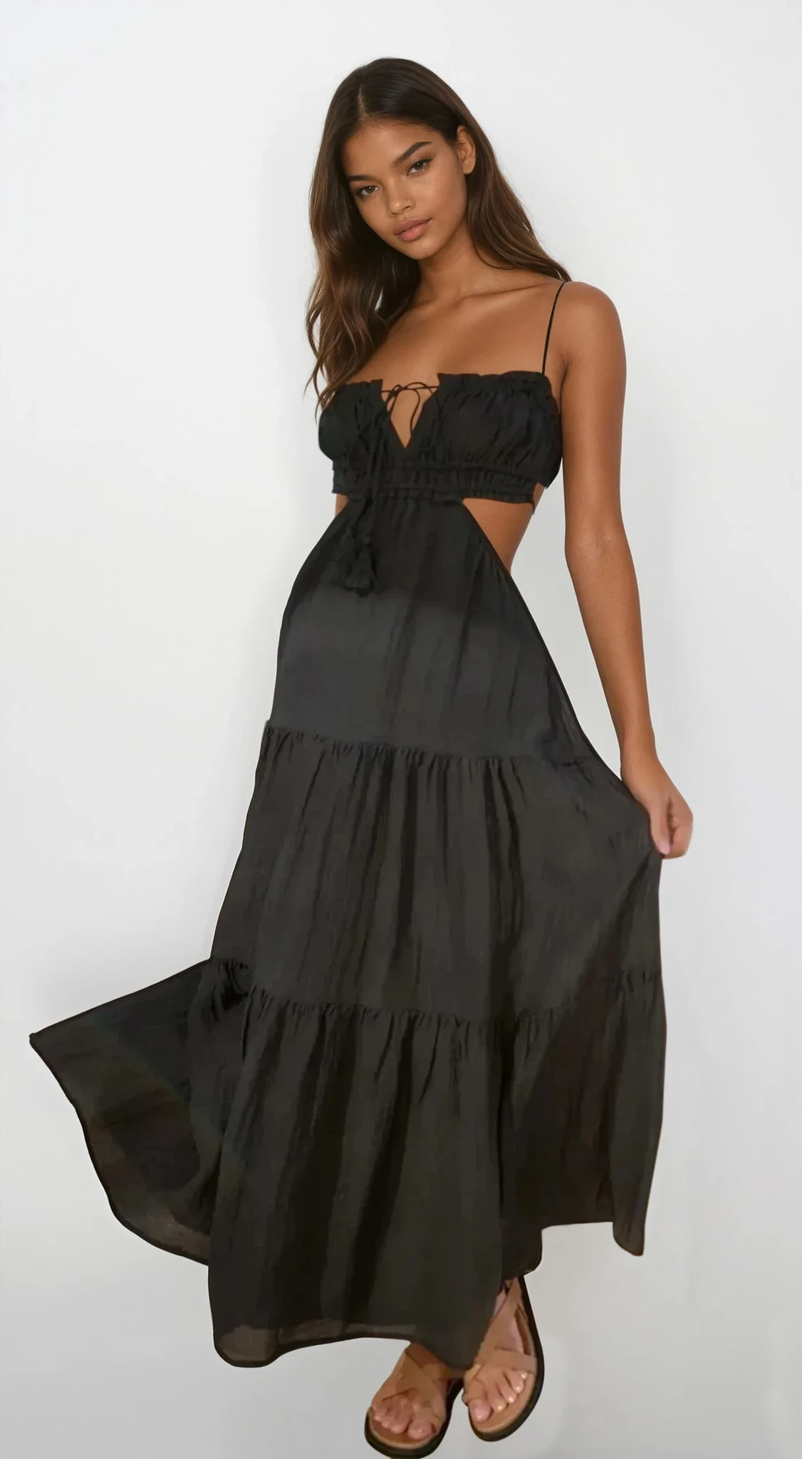 Cutout square neck ruched cami midi dress in solid color
