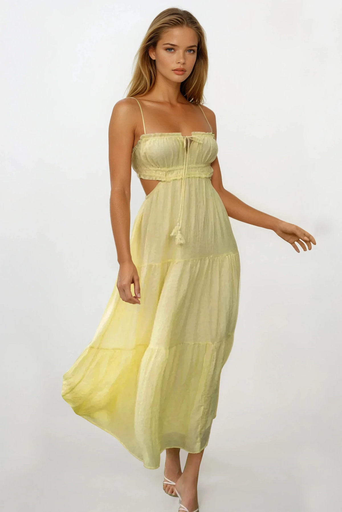 Cutout square neck ruched cami midi dress on mannequin