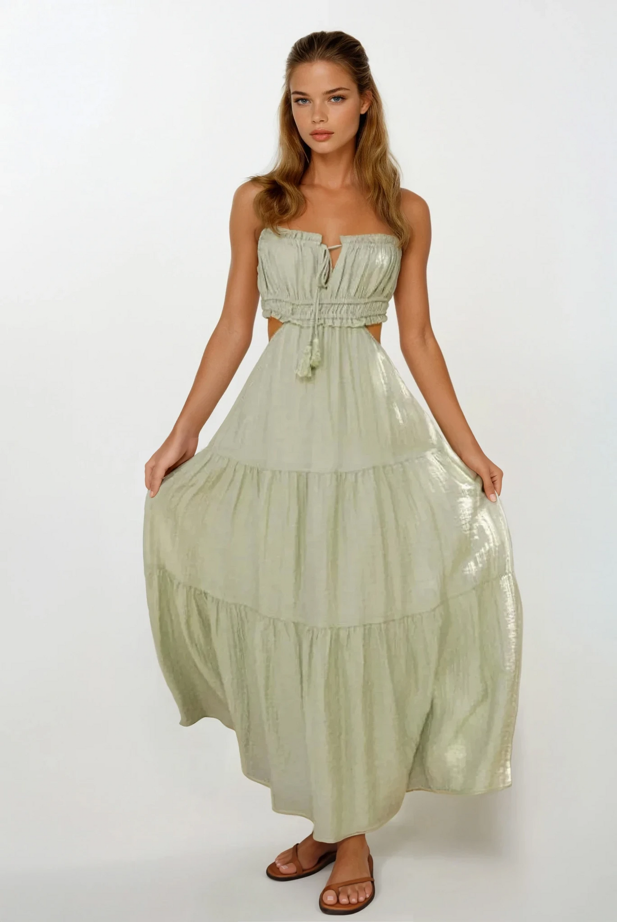 Elegant cutout square neck ruched cami midi dress