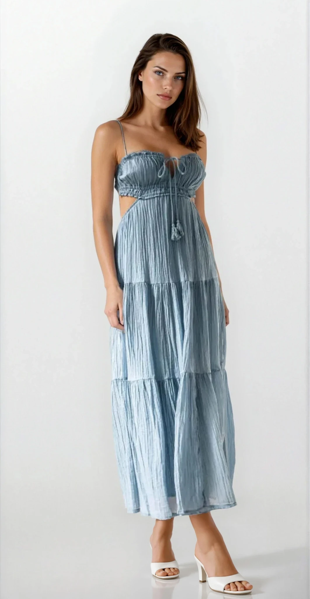Cutout square neck ruched cami midi dress in solid color