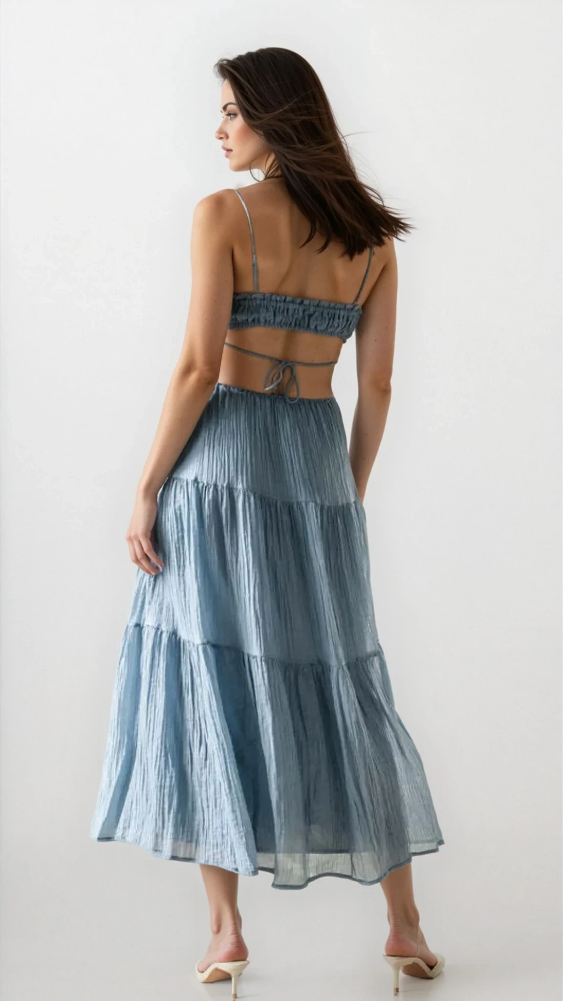 Cutout square neck ruched cami midi dress in solid pattern